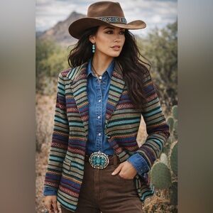 Vintage Norm Thompson Southwestern Blazer Aztec Stripe Boho Western Jacket - NWT